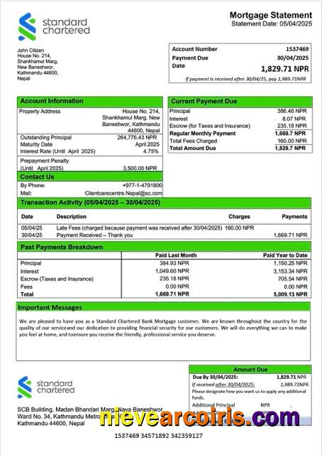 Nepal Standard Chartered Bank mortgage statement Word and PDF template
